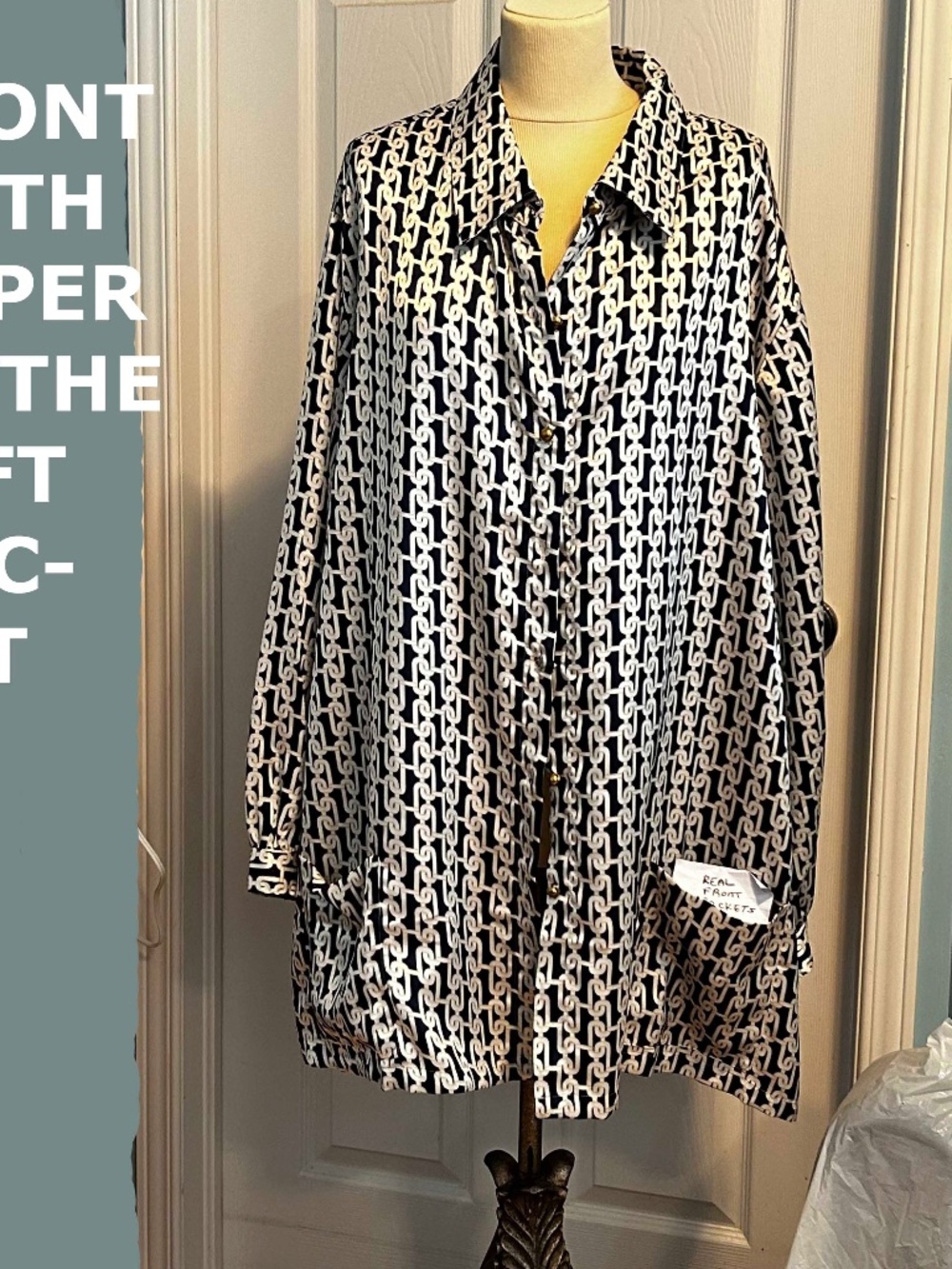 TUNIC, NAVY WITH WHITE & GOLD, SIZE 5X, BUTTON FRONT, LONG SLEEVES WITH BUTTON